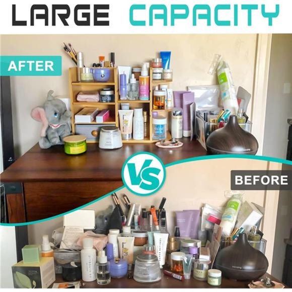 Bamboo-Makeup-Organizer for Vanity, Multi-Function Wood Large Capacity Make up - Picture 4 of 6